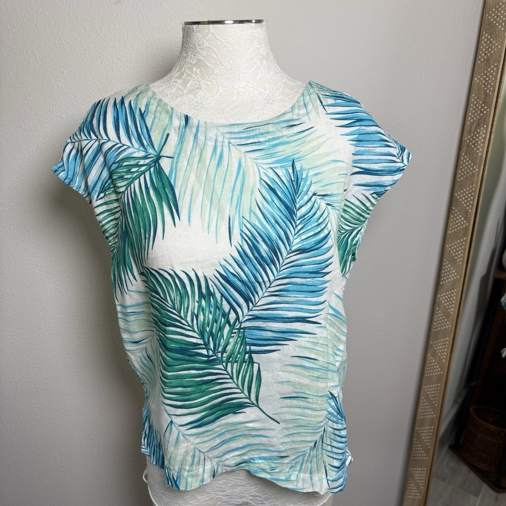 Tahari Womens S Blue Palm Print Top Coastal Tropical 100% Linen